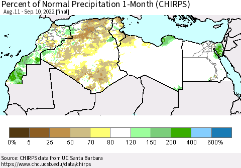 North Africa Percent of Normal Precipitation 1-Month (CHIRPS) Thematic Map For 8/11/2022 - 9/10/2022