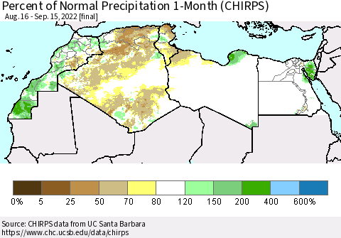 North Africa Percent of Normal Precipitation 1-Month (CHIRPS) Thematic Map For 8/16/2022 - 9/15/2022