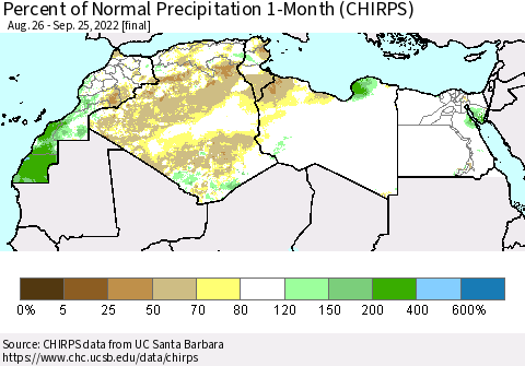 North Africa Percent of Normal Precipitation 1-Month (CHIRPS) Thematic Map For 8/26/2022 - 9/25/2022