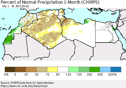 North Africa Percent of Normal Precipitation 1-Month (CHIRPS) Thematic Map For 9/1/2022 - 9/30/2022
