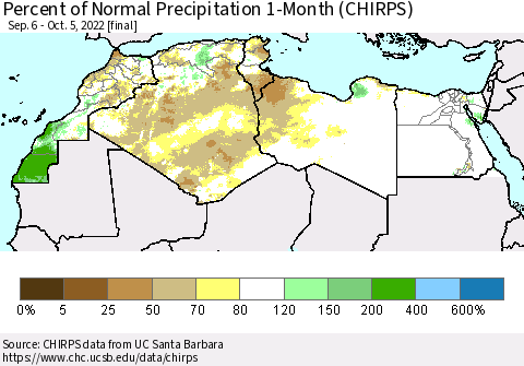 North Africa Percent of Normal Precipitation 1-Month (CHIRPS) Thematic Map For 9/6/2022 - 10/5/2022