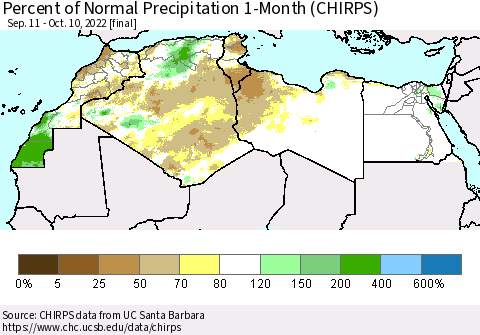 North Africa Percent of Normal Precipitation 1-Month (CHIRPS) Thematic Map For 9/11/2022 - 10/10/2022