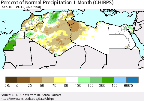 North Africa Percent of Normal Precipitation 1-Month (CHIRPS) Thematic Map For 9/16/2022 - 10/15/2022
