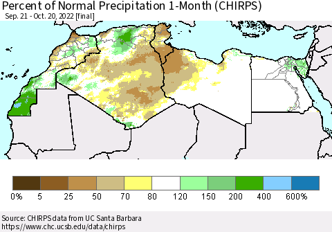 North Africa Percent of Normal Precipitation 1-Month (CHIRPS) Thematic Map For 9/21/2022 - 10/20/2022