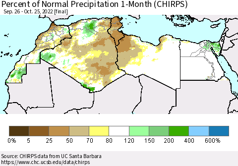 North Africa Percent of Normal Precipitation 1-Month (CHIRPS) Thematic Map For 9/26/2022 - 10/25/2022