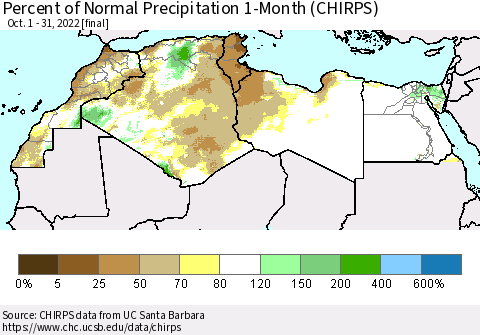 North Africa Percent of Normal Precipitation 1-Month (CHIRPS) Thematic Map For 10/1/2022 - 10/31/2022