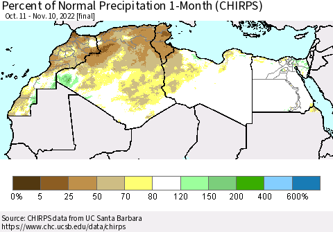 North Africa Percent of Normal Precipitation 1-Month (CHIRPS) Thematic Map For 10/11/2022 - 11/10/2022