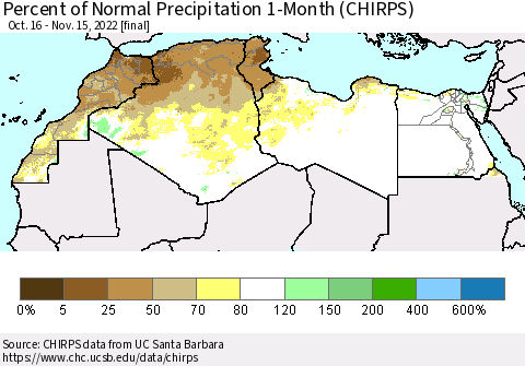 North Africa Percent of Normal Precipitation 1-Month (CHIRPS) Thematic Map For 10/16/2022 - 11/15/2022