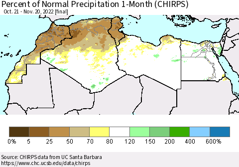 North Africa Percent of Normal Precipitation 1-Month (CHIRPS) Thematic Map For 10/21/2022 - 11/20/2022