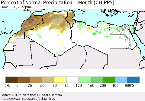 North Africa Percent of Normal Precipitation 1-Month (CHIRPS) Thematic Map For 11/1/2022 - 11/30/2022