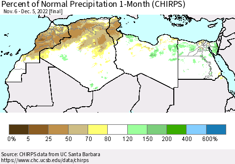 North Africa Percent of Normal Precipitation 1-Month (CHIRPS) Thematic Map For 11/6/2022 - 12/5/2022