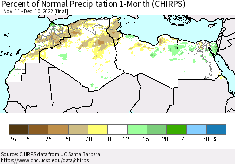 North Africa Percent of Normal Precipitation 1-Month (CHIRPS) Thematic Map For 11/11/2022 - 12/10/2022