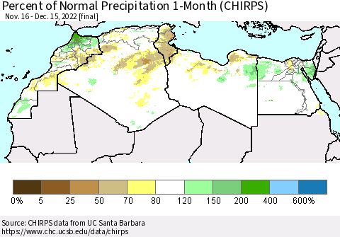 North Africa Percent of Normal Precipitation 1-Month (CHIRPS) Thematic Map For 11/16/2022 - 12/15/2022