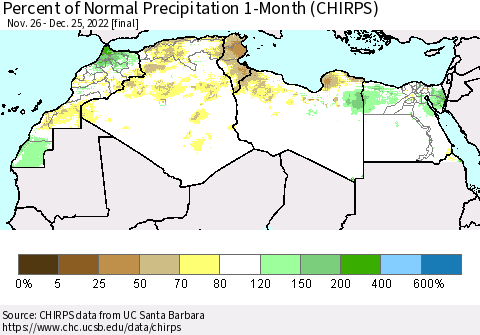 North Africa Percent of Normal Precipitation 1-Month (CHIRPS) Thematic Map For 11/26/2022 - 12/25/2022