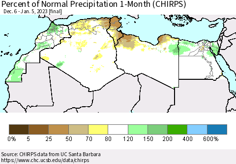 North Africa Percent of Normal Precipitation 1-Month (CHIRPS) Thematic Map For 12/6/2022 - 1/5/2023