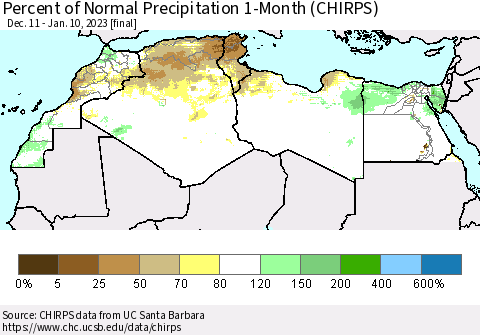 North Africa Percent of Normal Precipitation 1-Month (CHIRPS) Thematic Map For 12/11/2022 - 1/10/2023