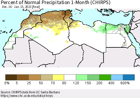 North Africa Percent of Normal Precipitation 1-Month (CHIRPS) Thematic Map For 12/16/2022 - 1/15/2023