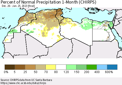 North Africa Percent of Normal Precipitation 1-Month (CHIRPS) Thematic Map For 12/26/2022 - 1/25/2023