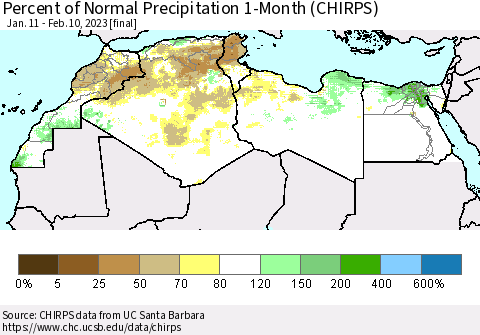 North Africa Percent of Normal Precipitation 1-Month (CHIRPS) Thematic Map For 1/11/2023 - 2/10/2023
