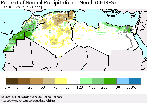 North Africa Percent of Normal Precipitation 1-Month (CHIRPS) Thematic Map For 1/16/2023 - 2/15/2023