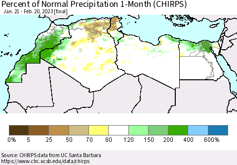 North Africa Percent of Normal Precipitation 1-Month (CHIRPS) Thematic Map For 1/21/2023 - 2/20/2023