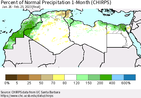 North Africa Percent of Normal Precipitation 1-Month (CHIRPS) Thematic Map For 1/26/2023 - 2/25/2023