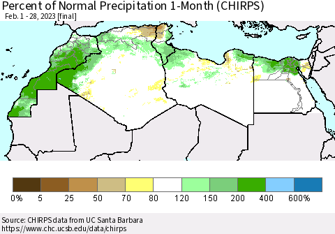 North Africa Percent of Normal Precipitation 1-Month (CHIRPS) Thematic Map For 2/1/2023 - 2/28/2023