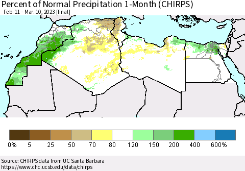 North Africa Percent of Normal Precipitation 1-Month (CHIRPS) Thematic Map For 2/11/2023 - 3/10/2023