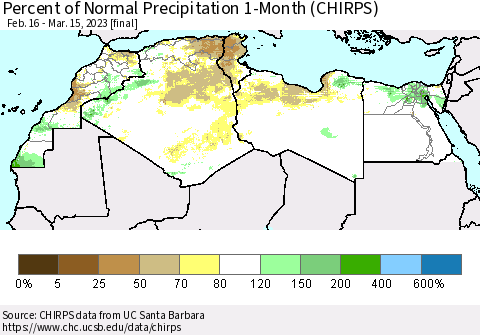 North Africa Percent of Normal Precipitation 1-Month (CHIRPS) Thematic Map For 2/16/2023 - 3/15/2023