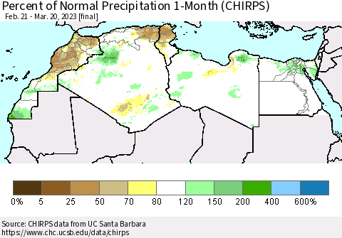 North Africa Percent of Normal Precipitation 1-Month (CHIRPS) Thematic Map For 2/21/2023 - 3/20/2023