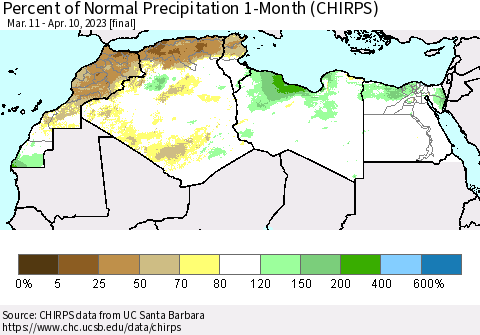 North Africa Percent of Normal Precipitation 1-Month (CHIRPS) Thematic Map For 3/11/2023 - 4/10/2023