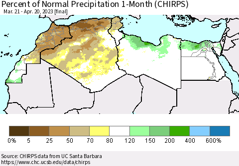 North Africa Percent of Normal Precipitation 1-Month (CHIRPS) Thematic Map For 3/21/2023 - 4/20/2023