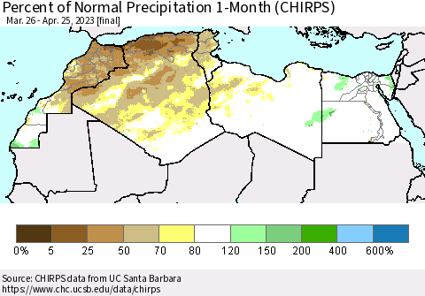 North Africa Percent of Normal Precipitation 1-Month (CHIRPS) Thematic Map For 3/26/2023 - 4/25/2023