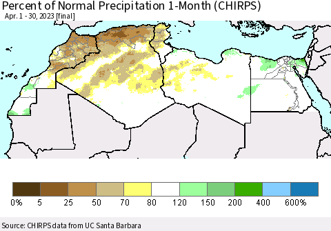 North Africa Percent of Normal Precipitation 1-Month (CHIRPS) Thematic Map For 4/1/2023 - 4/30/2023