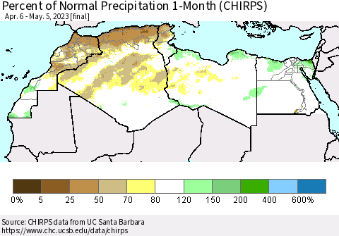 North Africa Percent of Normal Precipitation 1-Month (CHIRPS) Thematic Map For 4/6/2023 - 5/5/2023