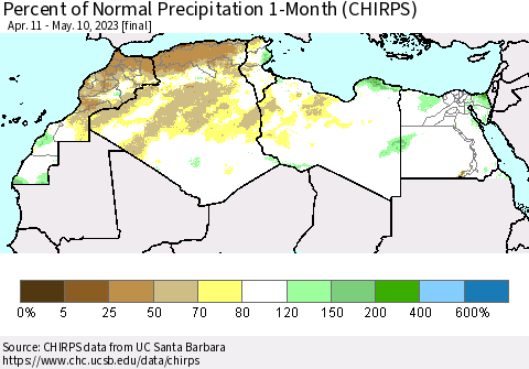 North Africa Percent of Normal Precipitation 1-Month (CHIRPS) Thematic Map For 4/11/2023 - 5/10/2023