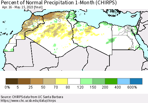 North Africa Percent of Normal Precipitation 1-Month (CHIRPS) Thematic Map For 4/16/2023 - 5/15/2023