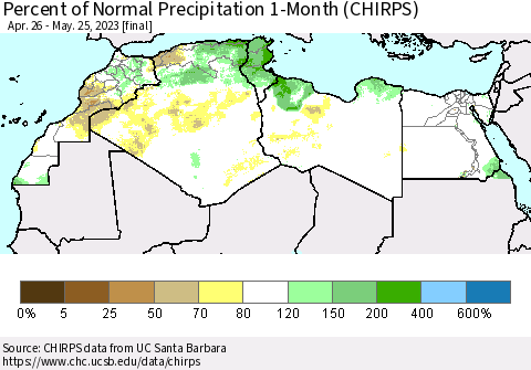 North Africa Percent of Normal Precipitation 1-Month (CHIRPS) Thematic Map For 4/26/2023 - 5/25/2023