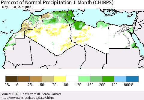 North Africa Percent of Normal Precipitation 1-Month (CHIRPS) Thematic Map For 5/1/2023 - 5/31/2023