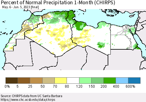 North Africa Percent of Normal Precipitation 1-Month (CHIRPS) Thematic Map For 5/6/2023 - 6/5/2023