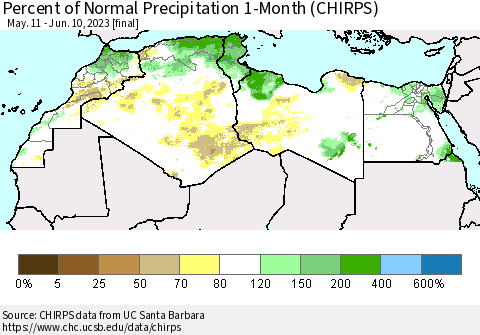 North Africa Percent of Normal Precipitation 1-Month (CHIRPS) Thematic Map For 5/11/2023 - 6/10/2023