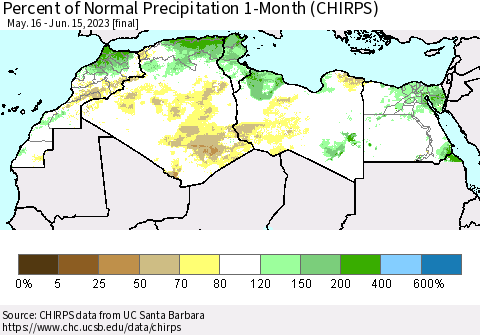 North Africa Percent of Normal Precipitation 1-Month (CHIRPS) Thematic Map For 5/16/2023 - 6/15/2023