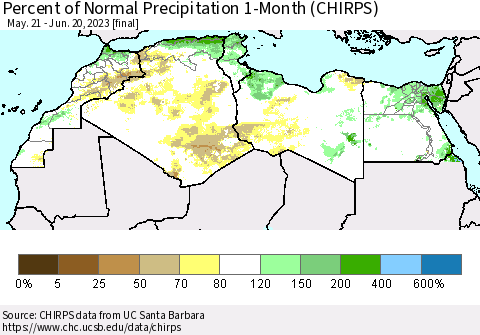 North Africa Percent of Normal Precipitation 1-Month (CHIRPS) Thematic Map For 5/21/2023 - 6/20/2023