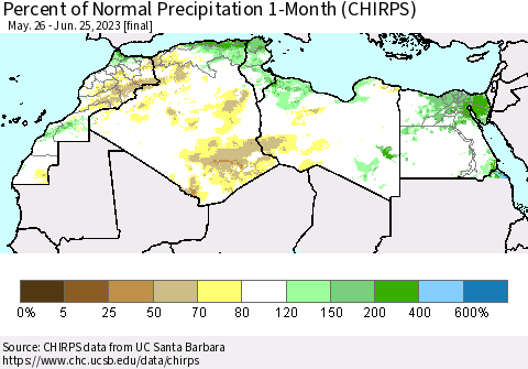 North Africa Percent of Normal Precipitation 1-Month (CHIRPS) Thematic Map For 5/26/2023 - 6/25/2023