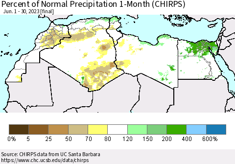 North Africa Percent of Normal Precipitation 1-Month (CHIRPS) Thematic Map For 6/1/2023 - 6/30/2023
