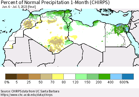 North Africa Percent of Normal Precipitation 1-Month (CHIRPS) Thematic Map For 6/6/2023 - 7/5/2023