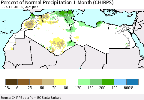 North Africa Percent of Normal Precipitation 1-Month (CHIRPS) Thematic Map For 6/11/2023 - 7/10/2023