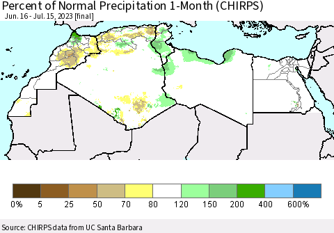 North Africa Percent of Normal Precipitation 1-Month (CHIRPS) Thematic Map For 6/16/2023 - 7/15/2023