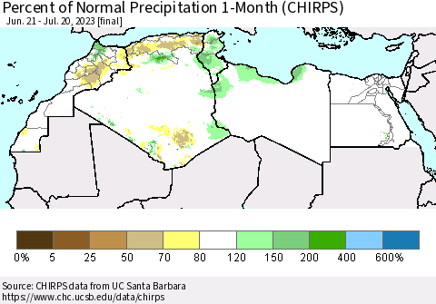 North Africa Percent of Normal Precipitation 1-Month (CHIRPS) Thematic Map For 6/21/2023 - 7/20/2023