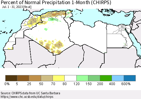 North Africa Percent of Normal Precipitation 1-Month (CHIRPS) Thematic Map For 7/1/2023 - 7/31/2023